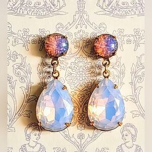 Pink Opal Flower And Fire Opal  Crystal In Drop Down Earrings